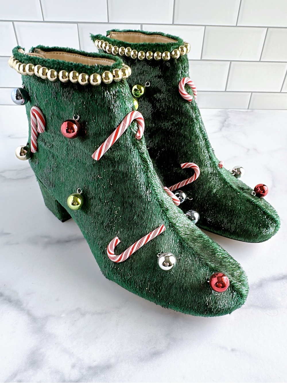 Festive Katy Perry Green Velvet Christmas Holiday Ankle Boots with Candy Canes